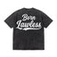 Black vintage-wash t-shirt with 'Born Lawless' cracked white lettering on back