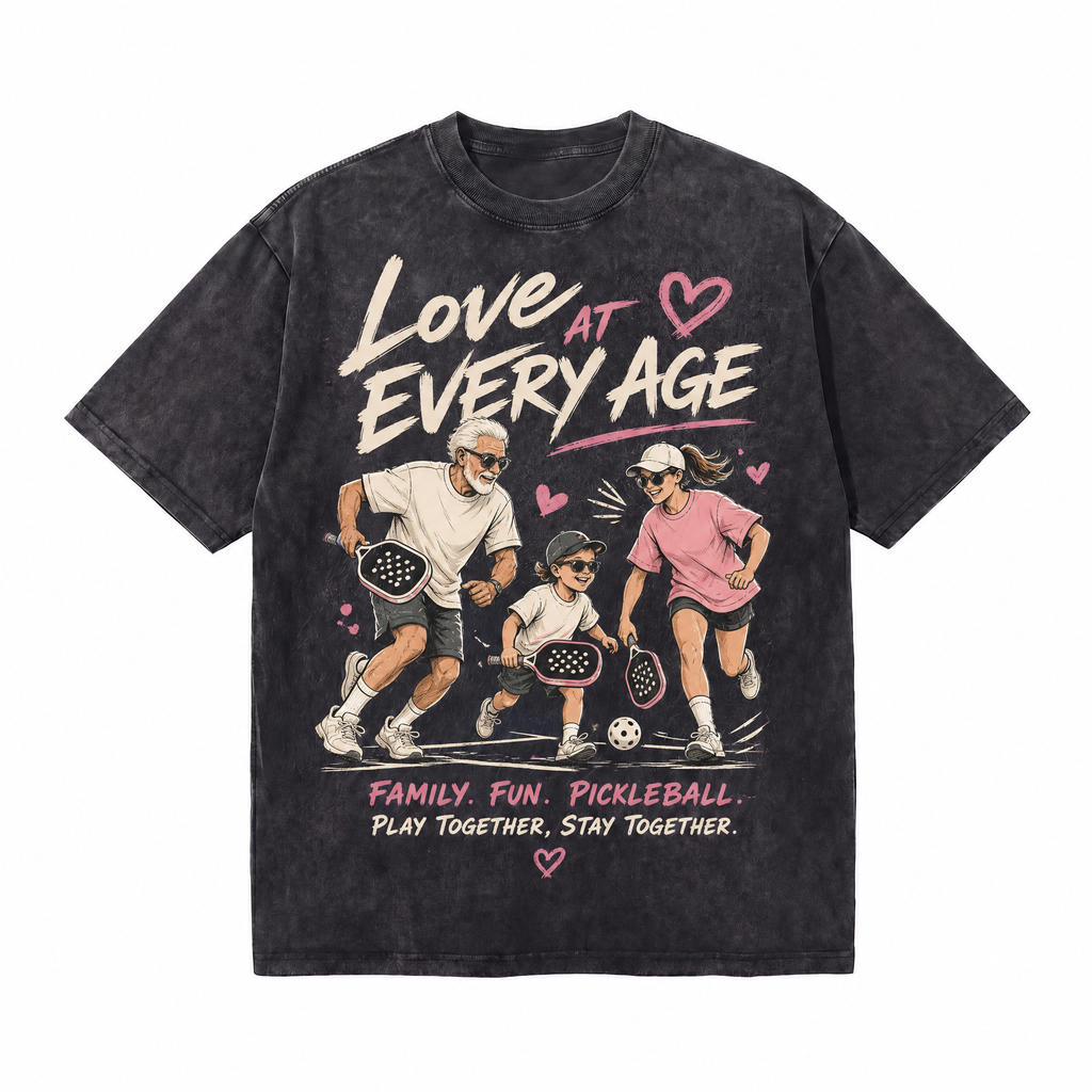 Vintage Acid Wash Love At Every Age Family Pickleball Play Together Oversized Graphic T-Shirt