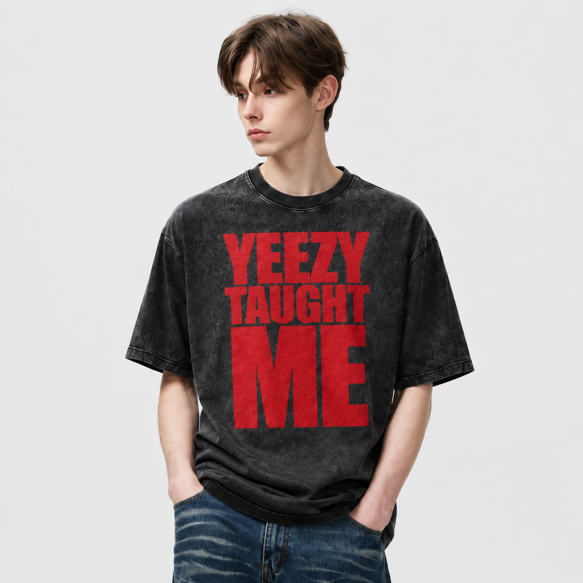 LAWLESSROW YEEZY TAUGHT ME Black Vintage Acid Wash Tee
