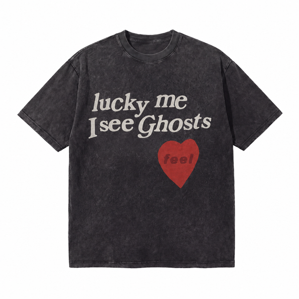 LAWLESSROW KANYE LUCKY ME I SEE GHOSTS Black Vintage Acid Wash Tee