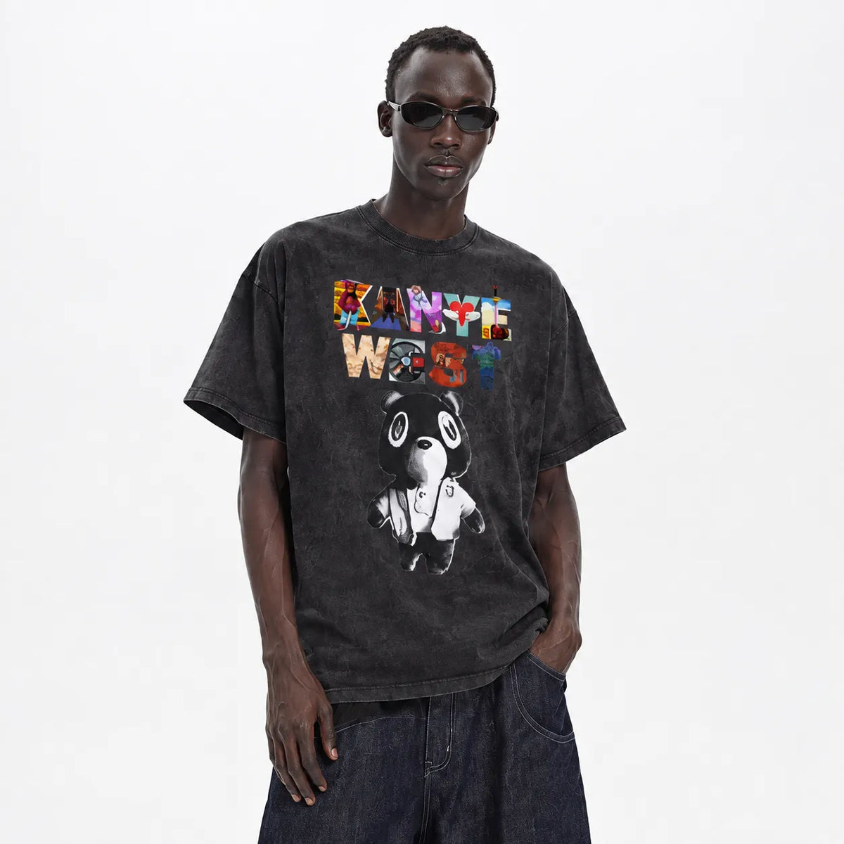 LAWLESSROW KANYE Album Series Black Vintage Acid Wash Tee