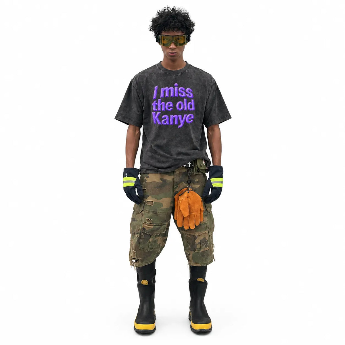 LAWLESSROW I MISS THE OLD KANYE Black Vintage Acid Wash Tee