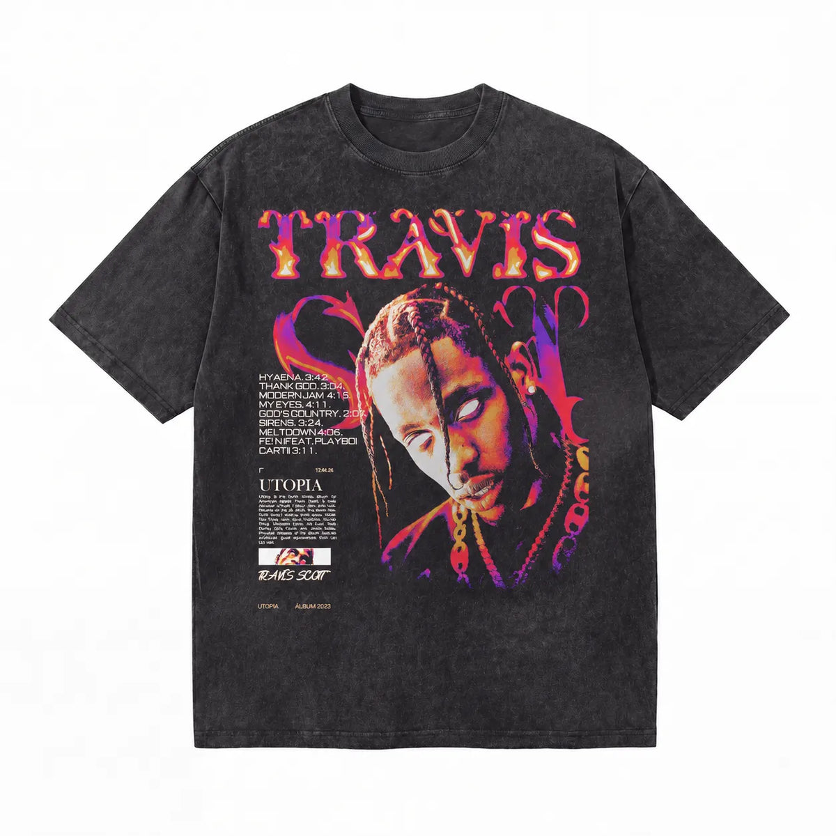 LAWLESSROW TRAVIS UTOPIA Portrait Black Vintage Acid Wash Tee