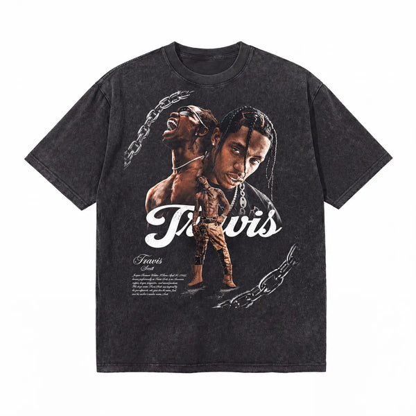 LAWLESSROW TRAVIS SCOTT Heavy Chains Black Vintage Acid Wash Tee