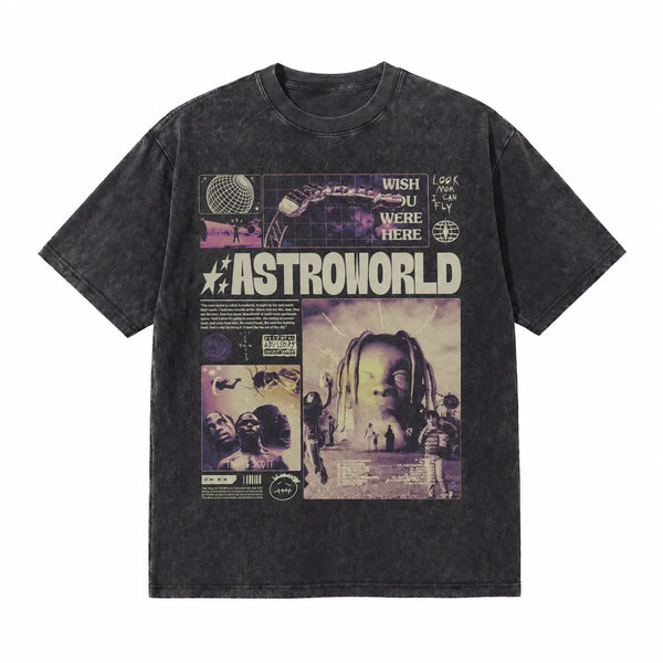 LAWLESSROW TRAVIS SCOTT ASTROWORLD Collage Black Vintage Acid Wash Tee