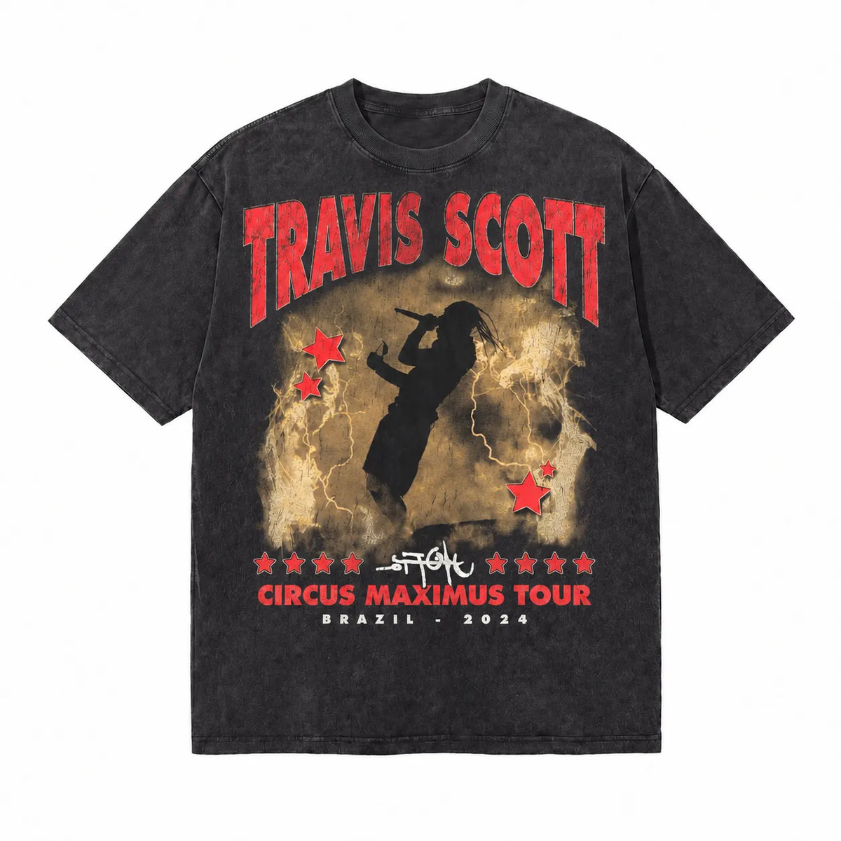 LAWLESSROW TRAVIS SCOTT CIRCUS MAXIMUS Brazil Black Vintage Acid Wash Tee