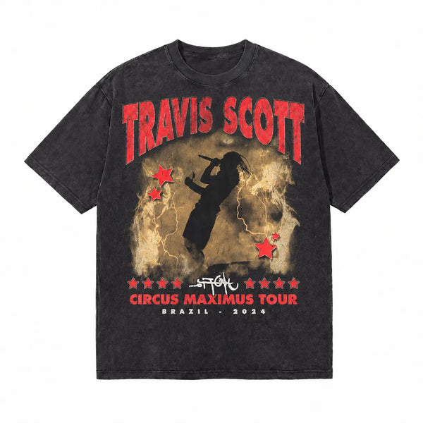 LAWLESSROW TRAVIS SCOTT CIRCUS MAXIMUS Brazil Black Vintage Acid Wash Tee