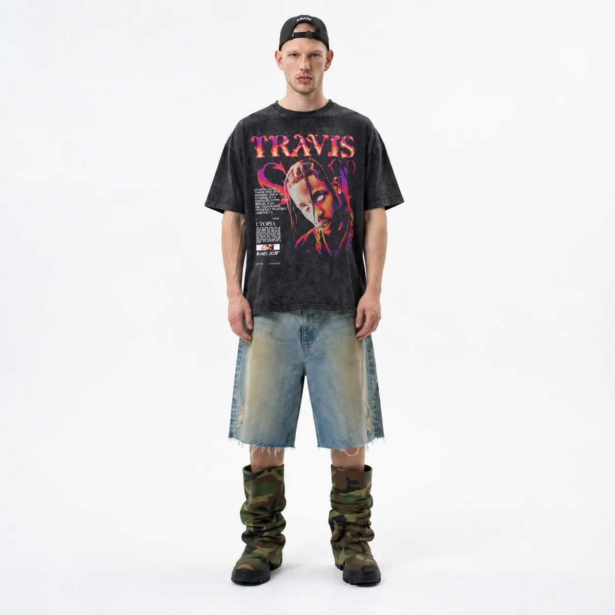 LAWLESSROW TRAVIS UTOPIA Portrait Black Vintage Acid Wash Tee