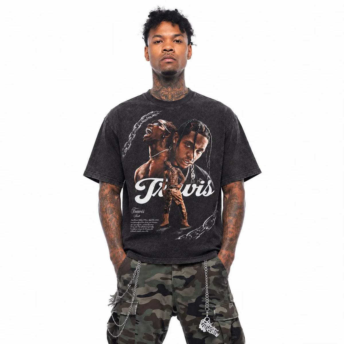 LAWLESSROW TRAVIS SCOTT Heavy Chains Black Vintage Acid Wash Tee