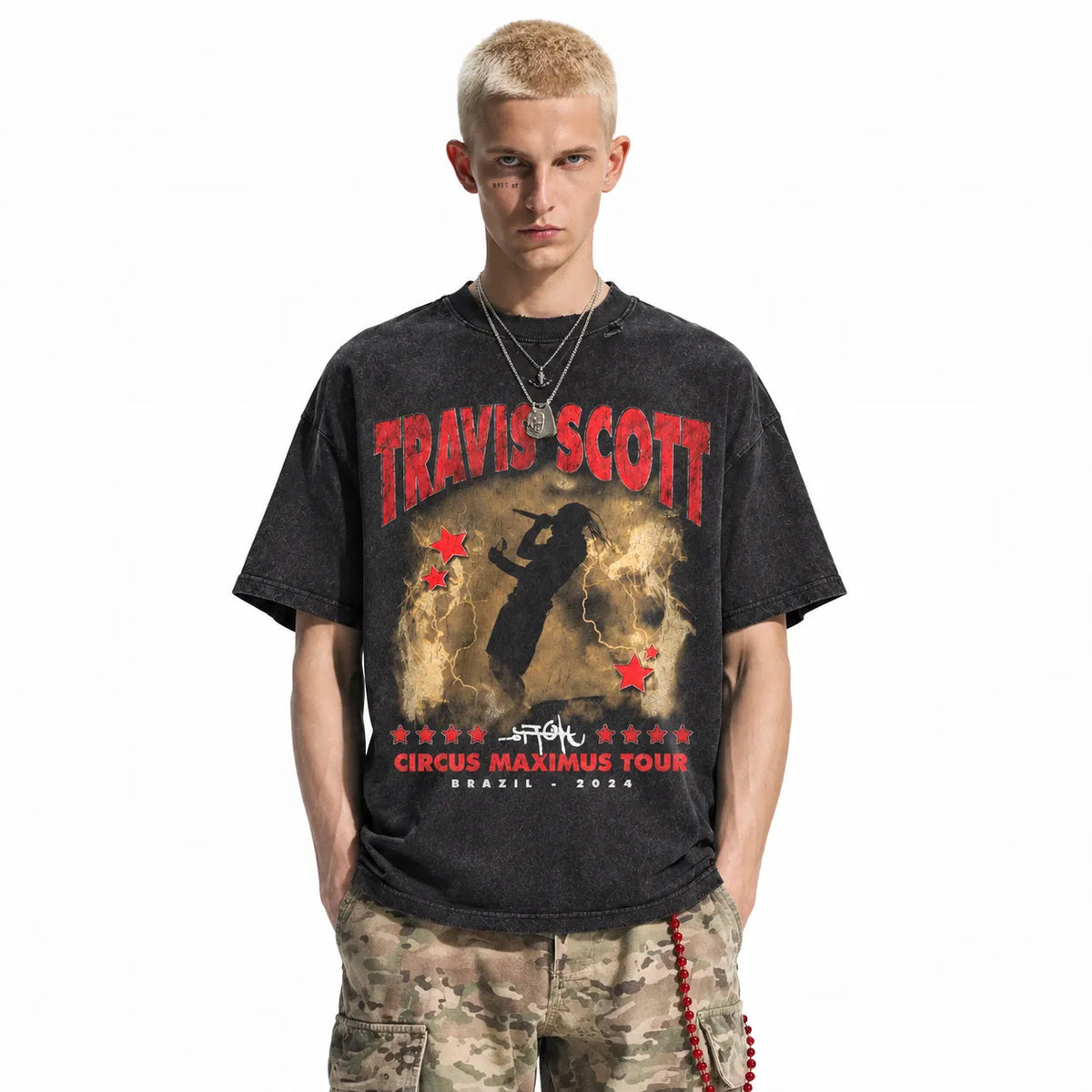 LAWLESSROW TRAVIS SCOTT CIRCUS MAXIMUS Brazil Black Vintage Acid Wash Tee