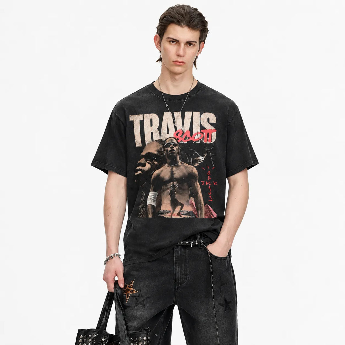LAWLESSROW TRAVIS SCOTT Cactus Jack Graffiti Black Vintage Acid Wash Tee