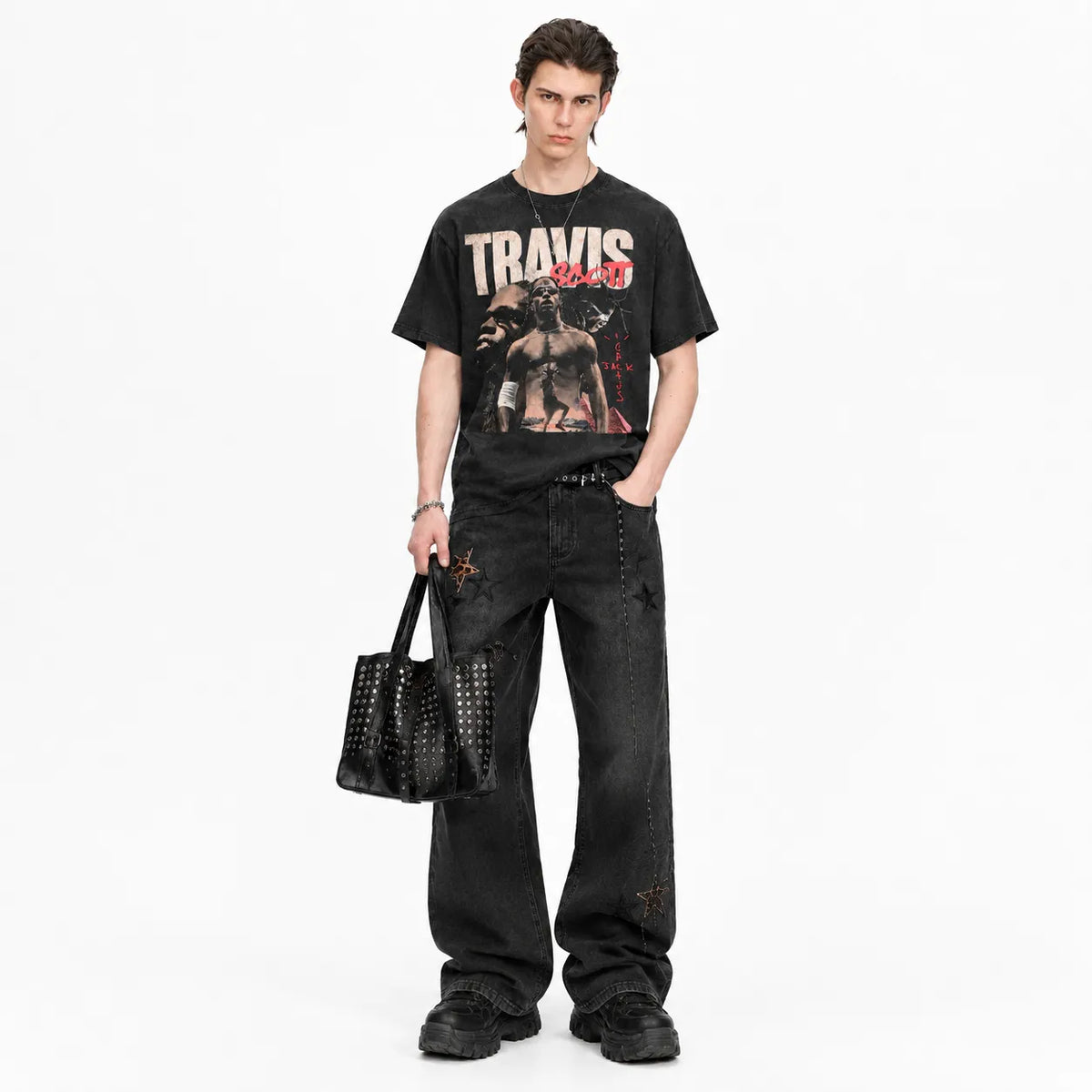LAWLESSROW TRAVIS SCOTT Cactus Jack Graffiti Black Vintage Acid Wash Tee