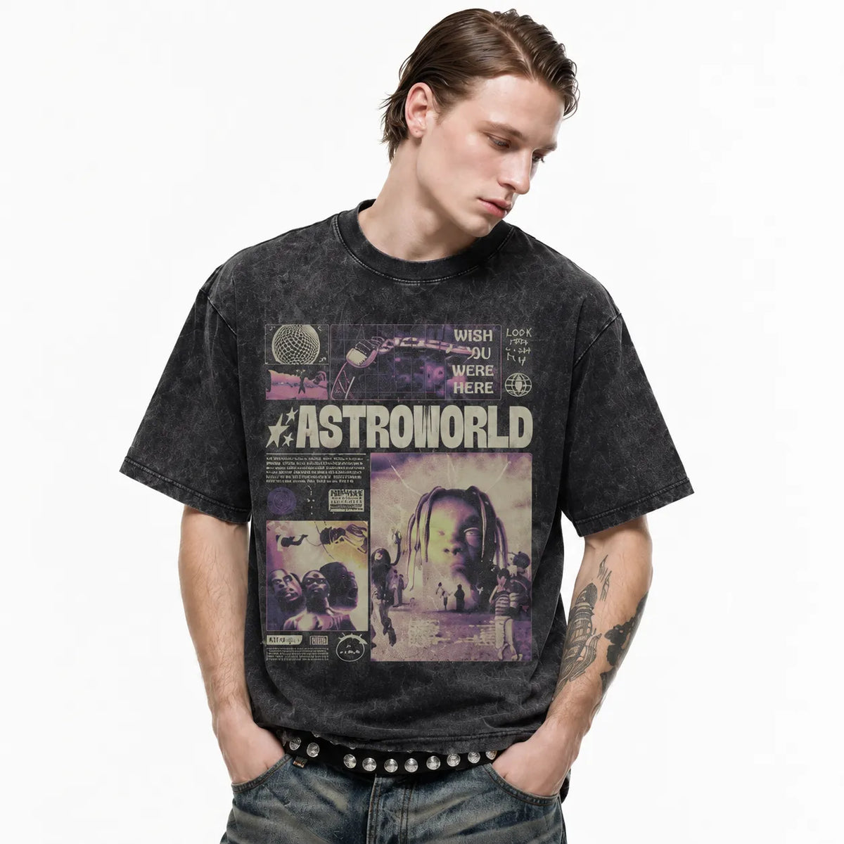 LAWLESSROW TRAVIS SCOTT ASTROWORLD Collage Black Vintage Acid Wash Tee