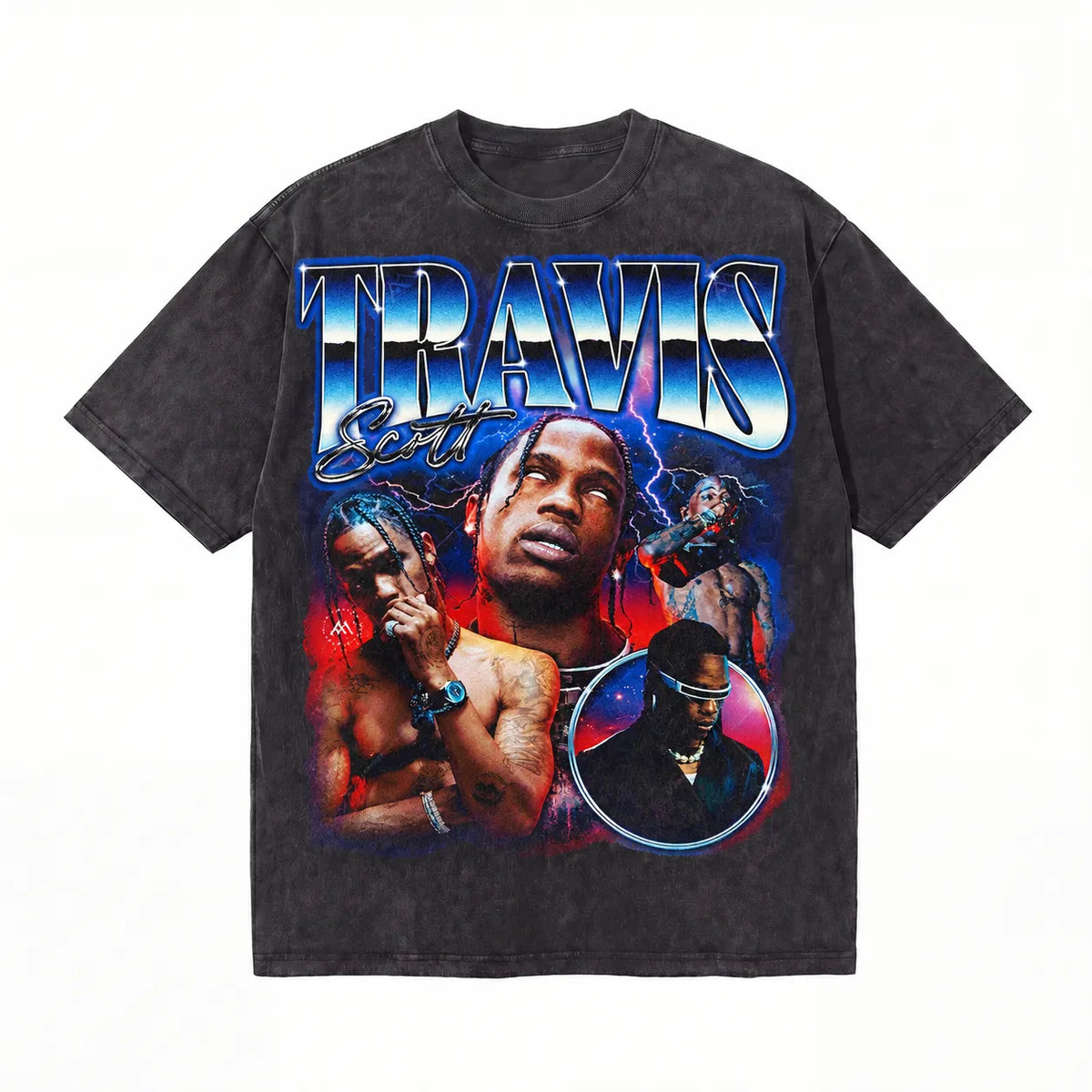 Lawless Row gothic Halloween Town skeleton and cartoon dog graphic on blue acid washed tee