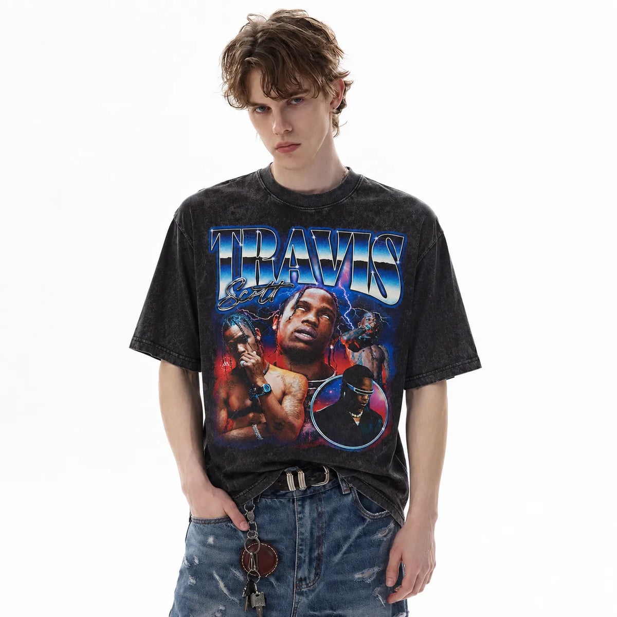LAWLESSROW TRAVIS SCOTT Chrome Lightning Black Vintage Acid Wash Tee