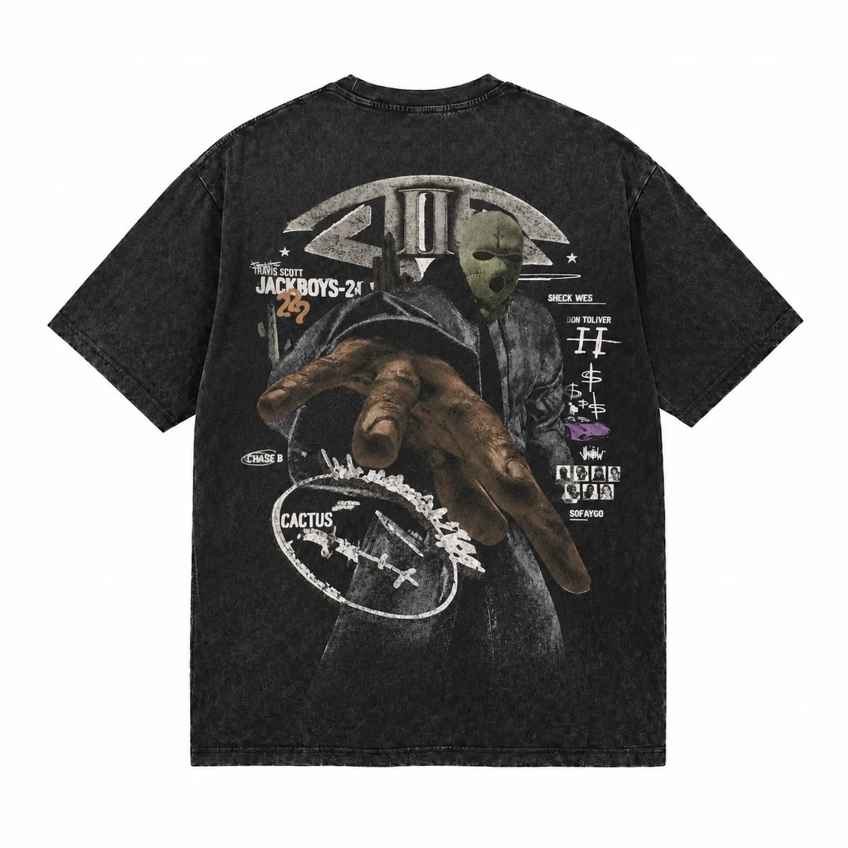 LAWLESSROW TRAVIS SCOTT JACKBOYS Reaching Hand Black Vintage Acid Wash Tee
