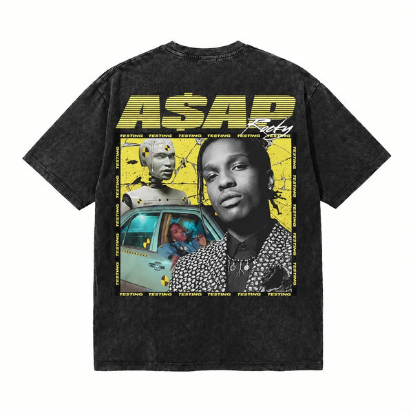 LAWLESSROW ASAP ROCKY Yellow Dystopian Black Vintage Acid Wash Tee