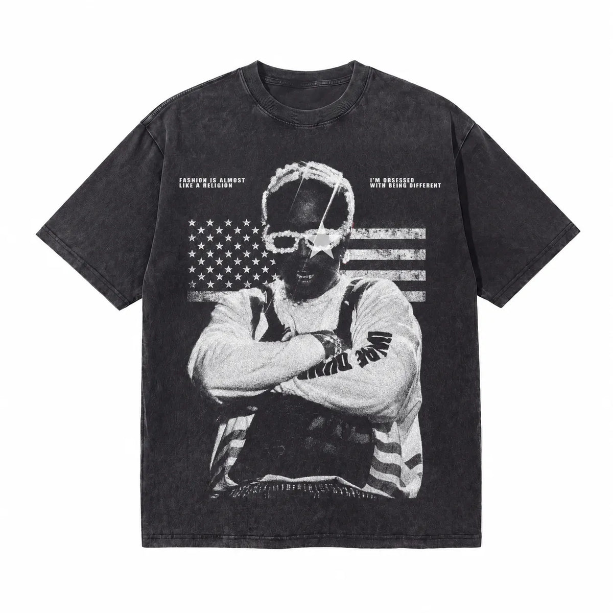 LAWLESSROW ASAP ROCKY Flag Star Editorial Black Vintage Acid Wash Tee