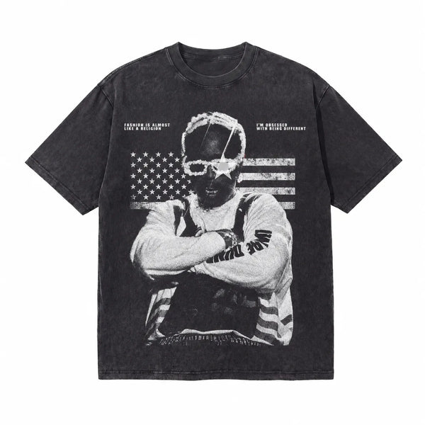 LAWLESSROW ASAP ROCKY Flag Star Editorial Black Vintage Acid Wash Tee