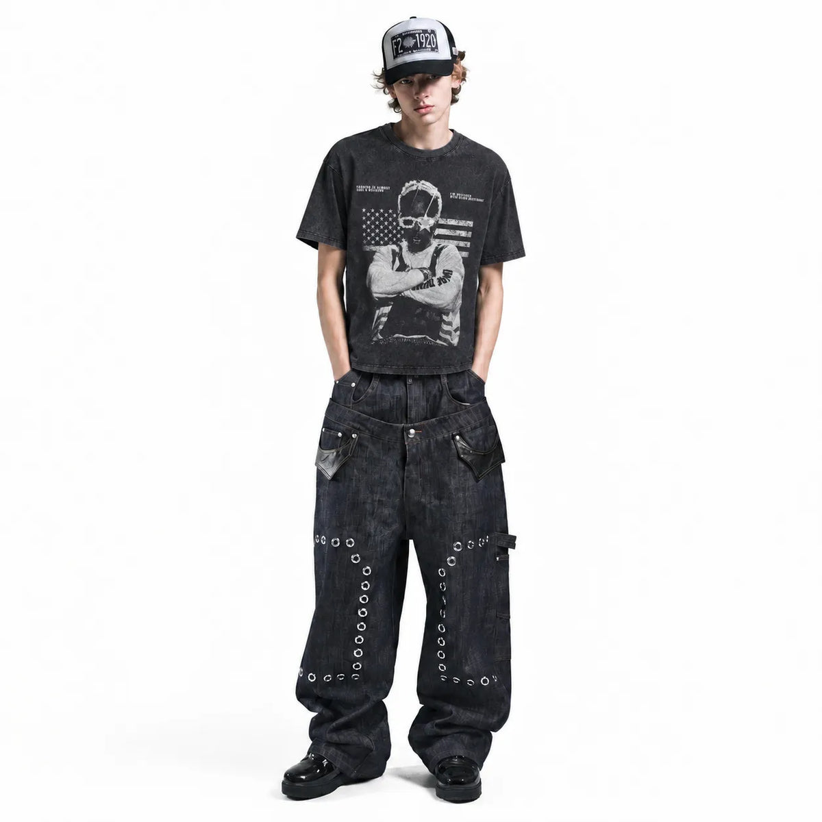 LAWLESSROW ASAP ROCKY Flag Star Editorial Black Vintage Acid Wash Tee