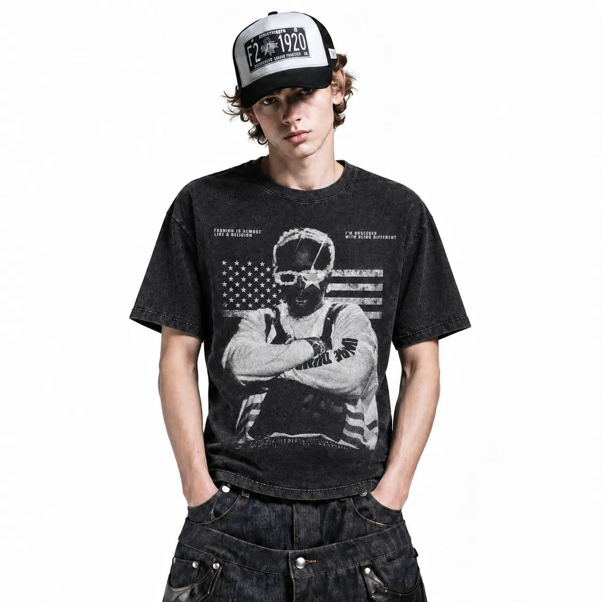 LAWLESSROW ASAP ROCKY Flag Star Editorial Black Vintage Acid Wash Tee
