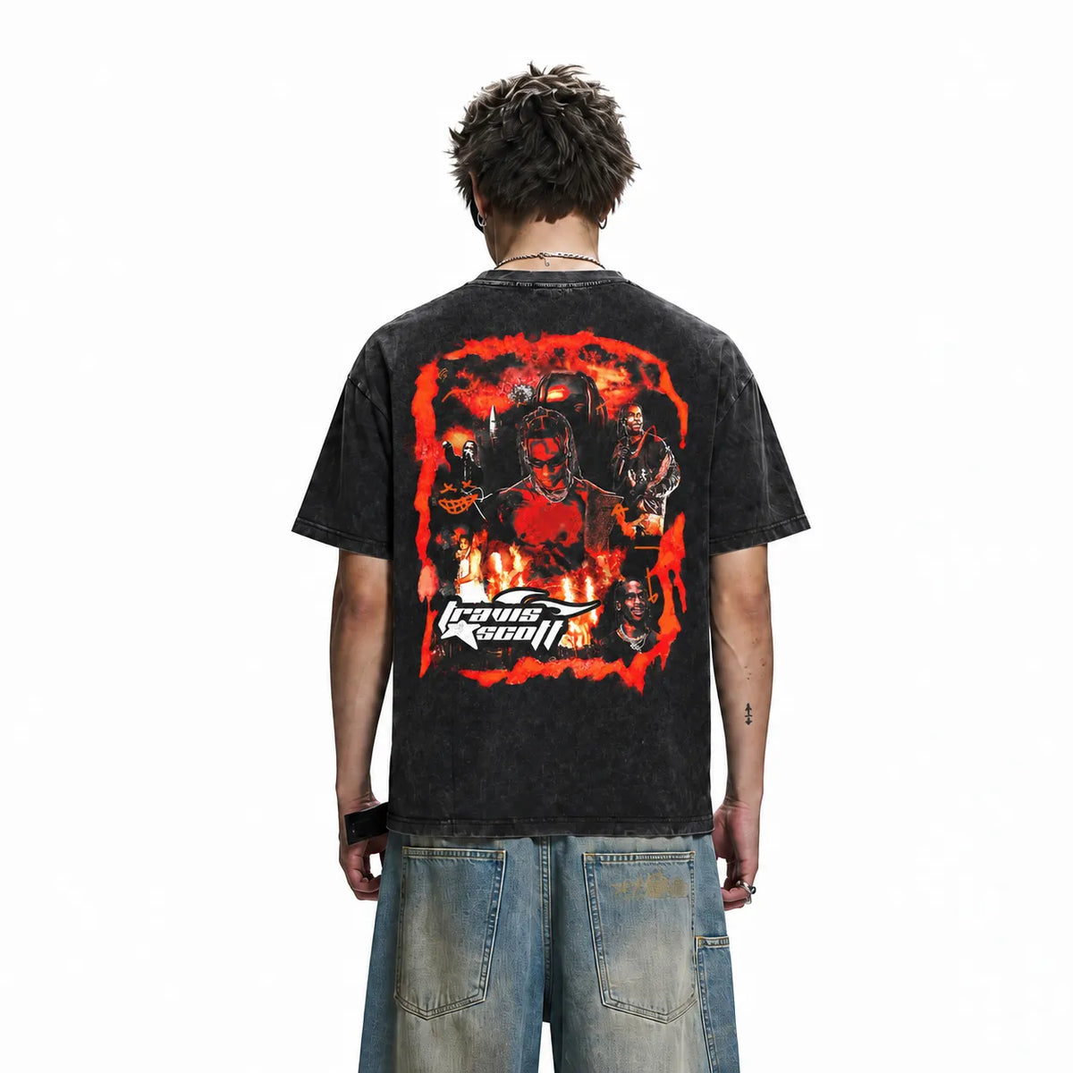 LAWLESSROW TRAVIS SCOTT Flame Logo Black Vintage Acid Wash Tee