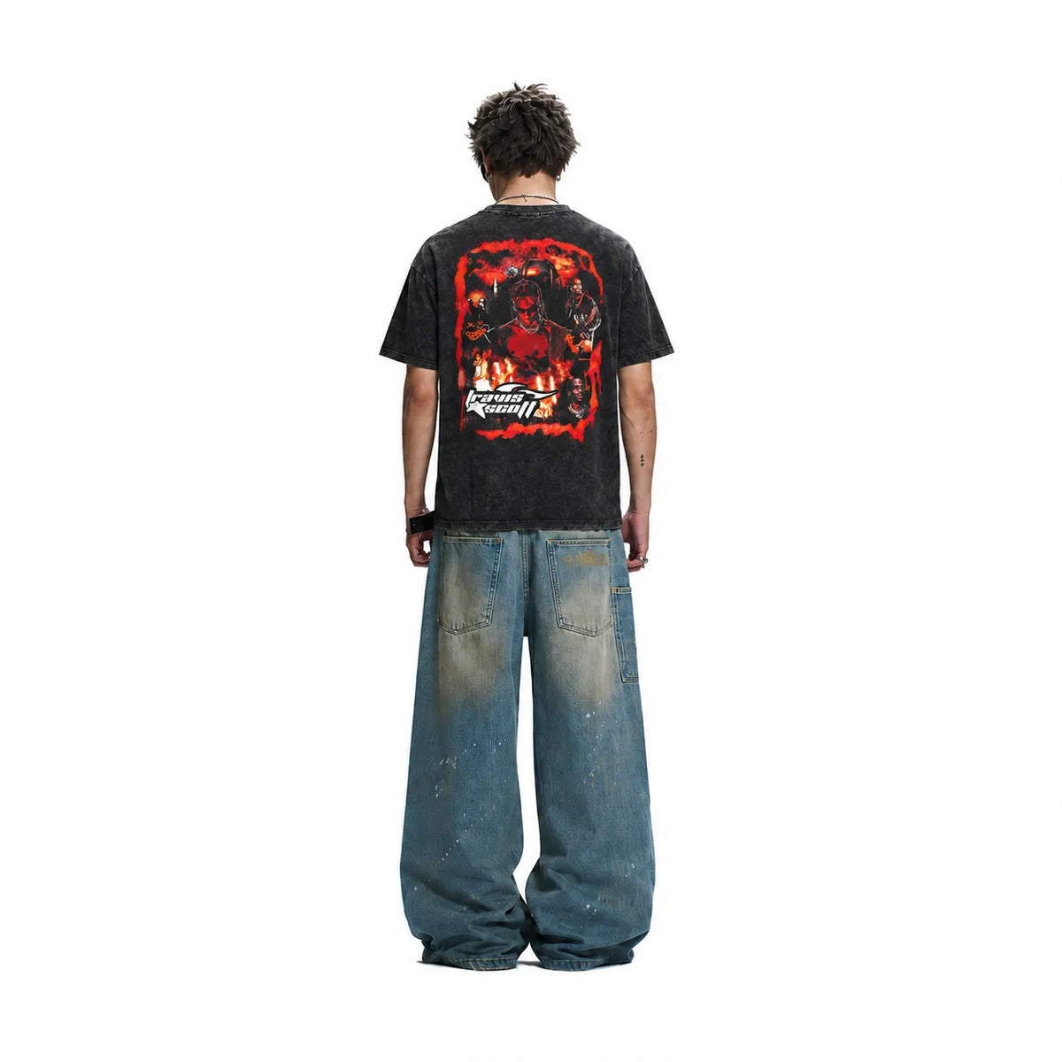 LAWLESSROW TRAVIS SCOTT Flame Logo Black Vintage Acid Wash Tee