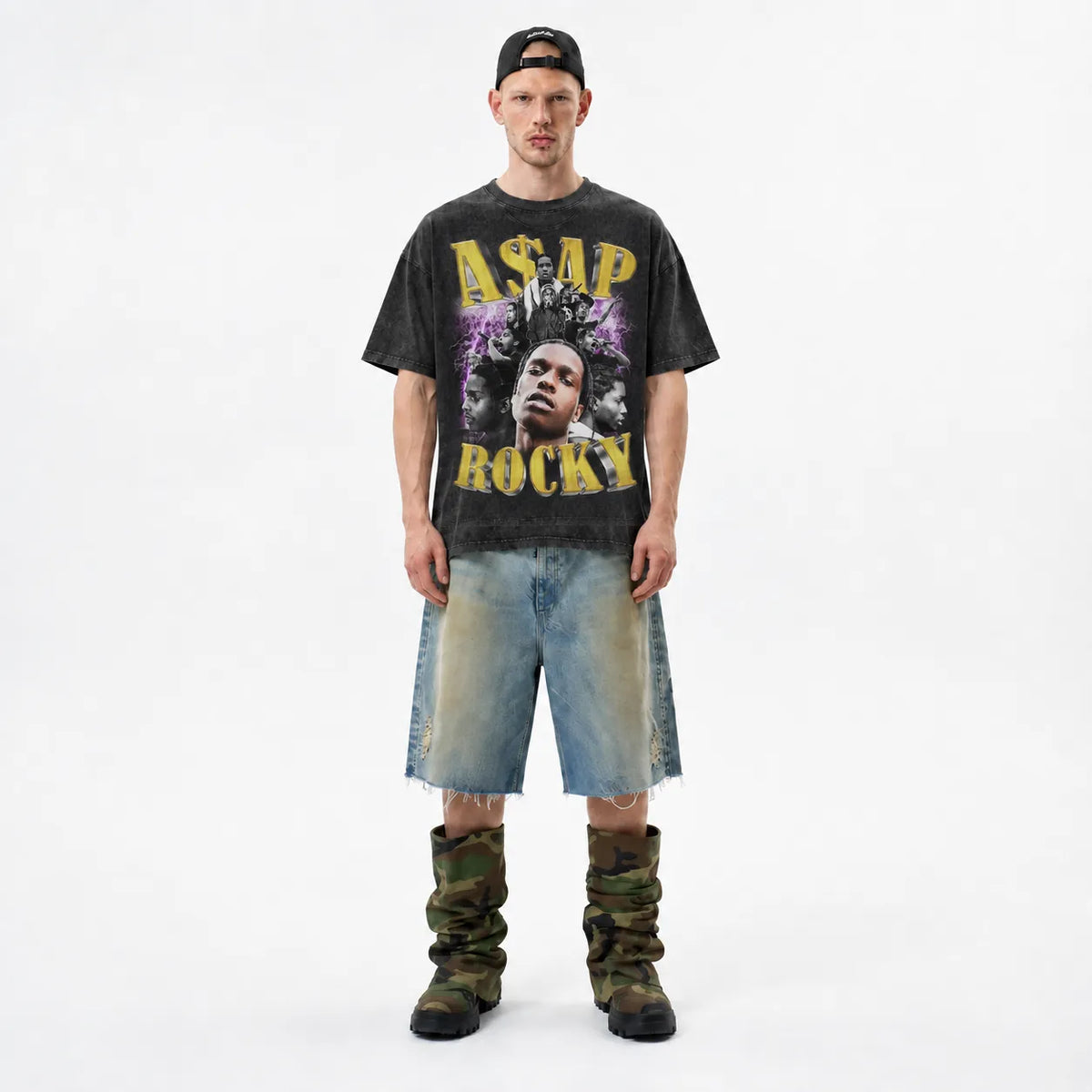 LAWLESSROW ASAP ROCKY Gold Voltage Black Vintage Acid Wash Tee