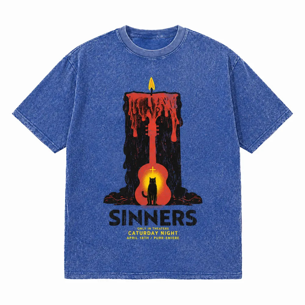 LAWLESSROW Sinners Caturday Night Candle Guitar Vintage Acid Wash Tee