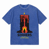 LAWLESSROW Sinners Caturday Night Candle Guitar Vintage Acid Wash Tee