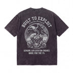 Black graphic t-shirt with eagle and engine illustration, motorcycle-inspired back print.