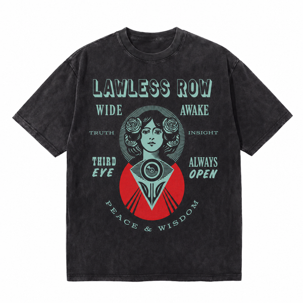 LAWLESSROW Vintage Mystic Woman Third Eye Circular Text Collage Vintage Tee