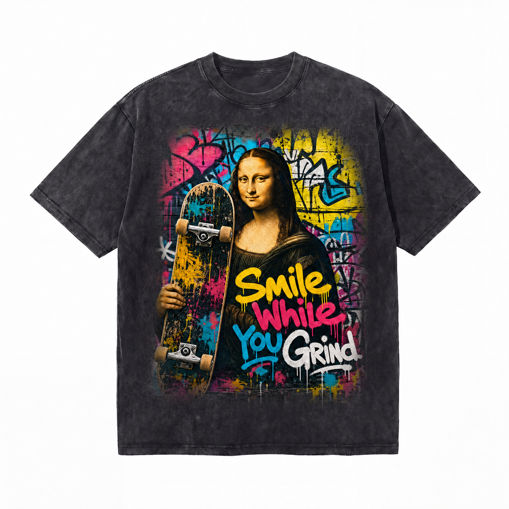 Lawless Row "Smile While You Grind" Mona Lisa Skate Washed Black Oversized Tee