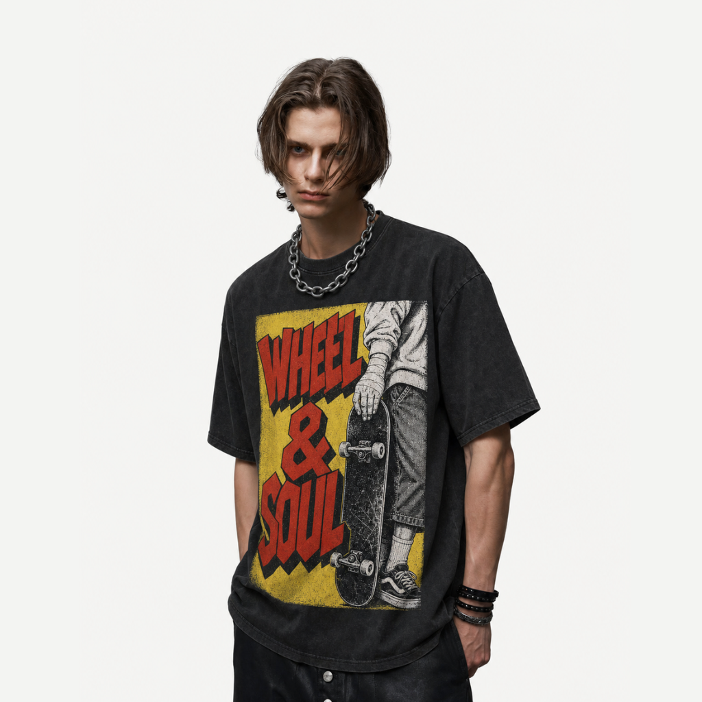 Vintage Acid Wash Wheel & Soul Skateboard Graphic Tee | Retro Street Skate Culture Unisex Oversized High-Quality Cotton Blend Streetwear T-Shirt