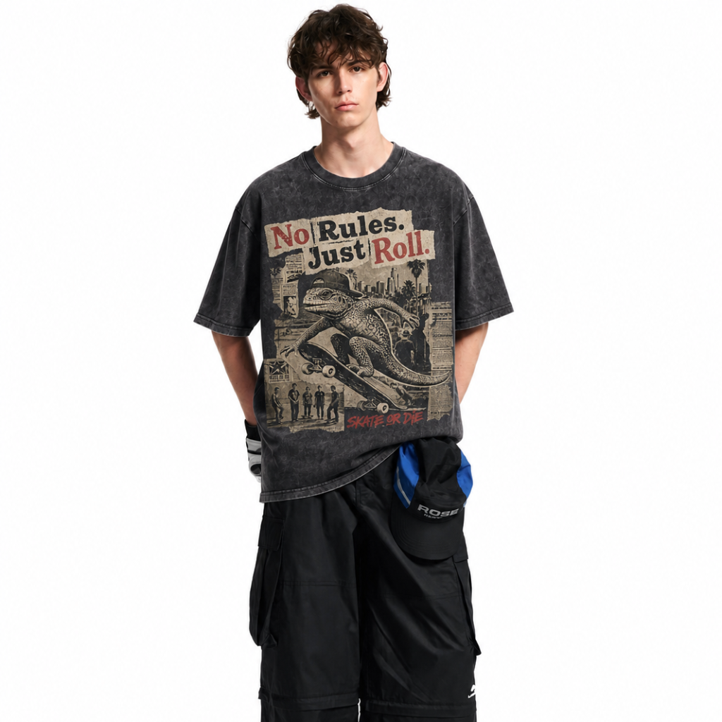 Vintage Acid Wash No Rules Just Roll Skate Lizard Graphic Tee | Retro Street Skate Culture Unisex Oversized High-Quality Cotton Blend Streetwear T-Shirt