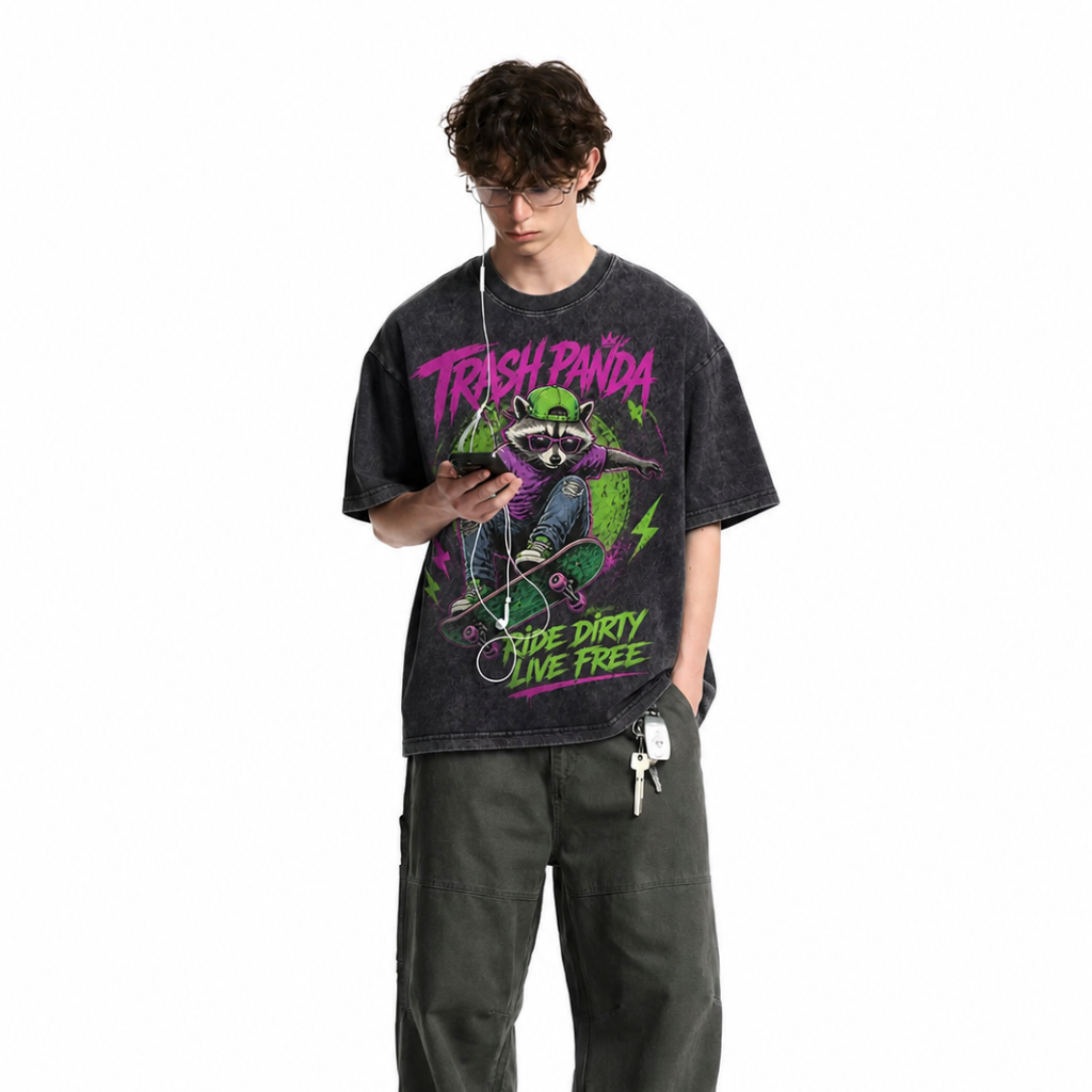 Vintage Acid Wash Trash Panda Skate Raccoon Graphic Tee | Neon Retro Street Skate Unisex Oversized High-Quality Cotton Blend Streetwear T-Shirt