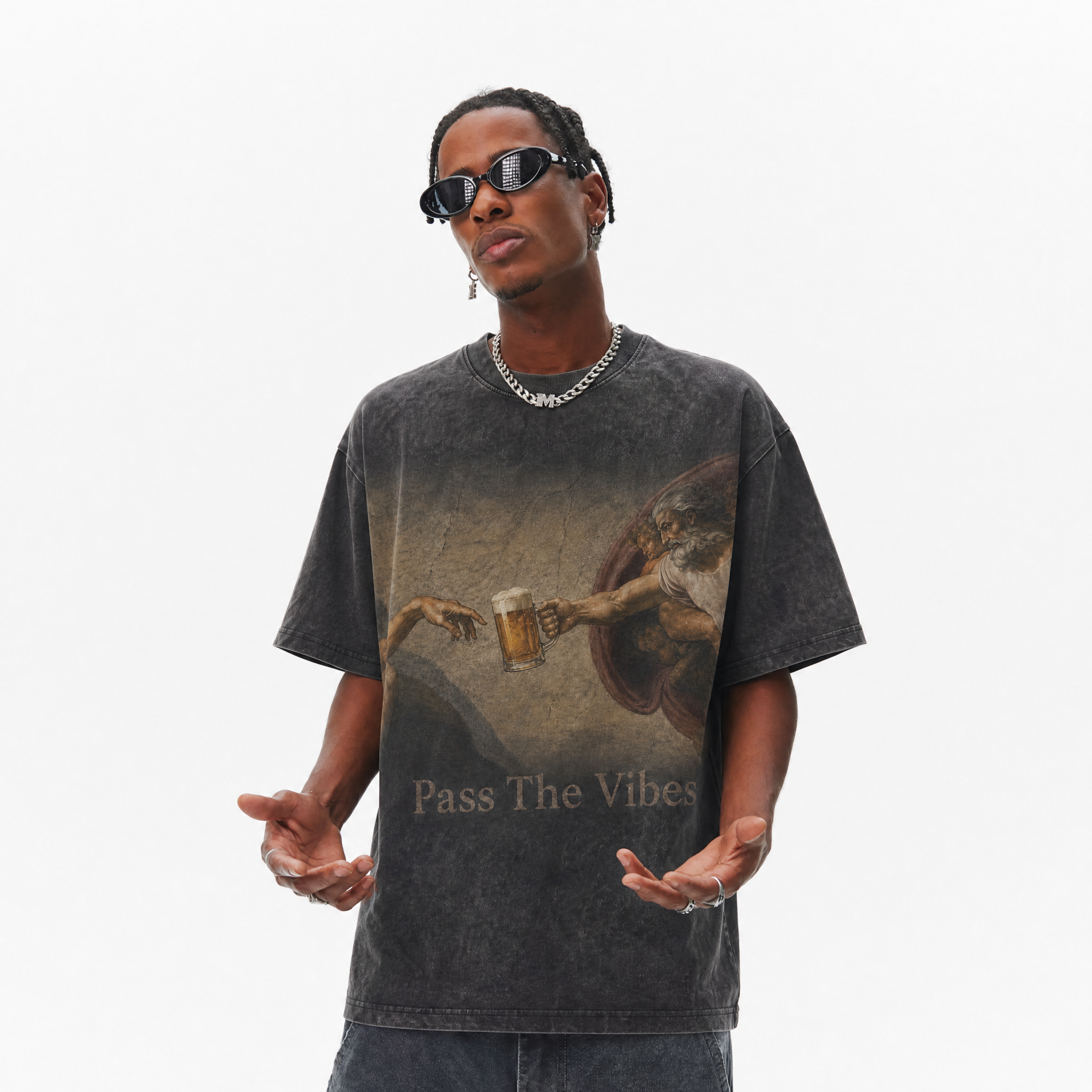 Lawless Row "Pass The Vibes" Creation of Adam Beer Washed Black Oversized Tee