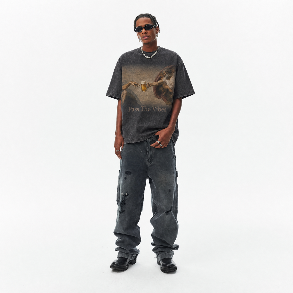 Lawless Row "Pass The Vibes" Creation of Adam Beer Washed Black Oversized Tee