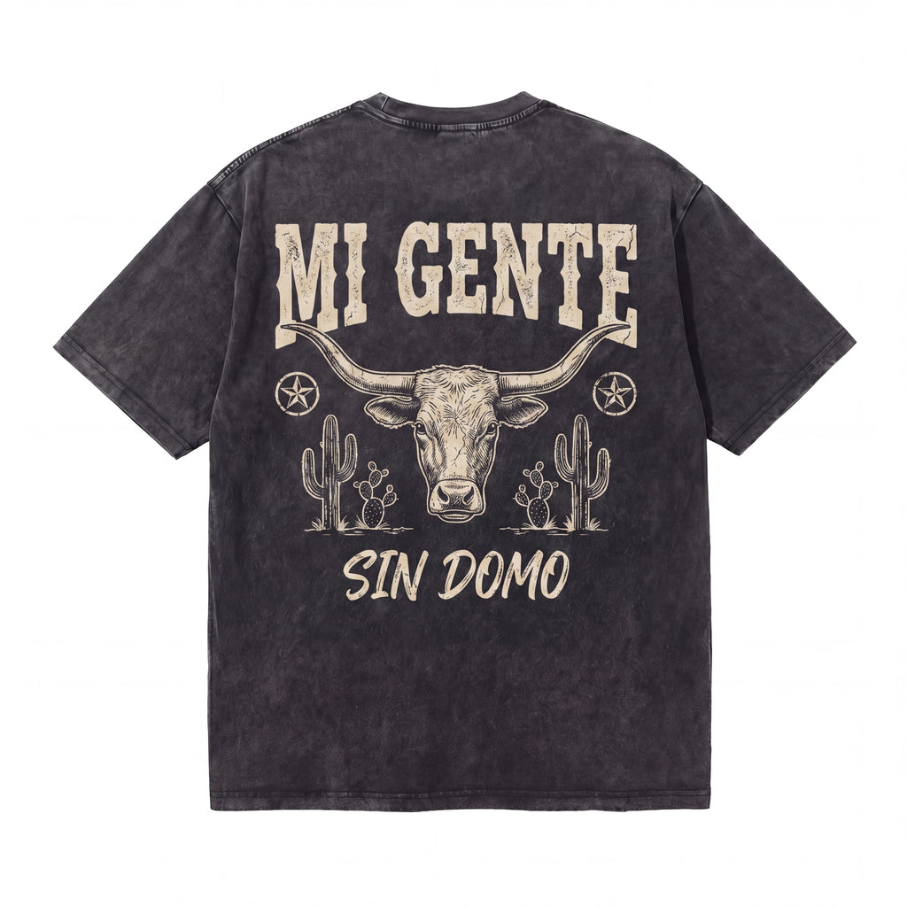 Black t-shirt with 'Mi Gente Sin Domo' text, steer skull, cacti, and star graphics on back
