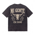 Black t-shirt with 'Mi Gente Sin Domo' text, steer skull, cacti, and star graphics on back