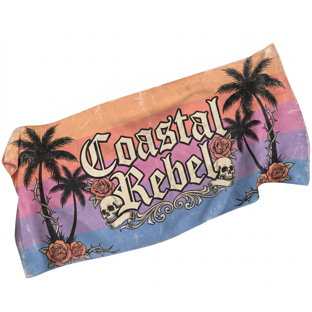 Lawless Row Coastal Rebel Beach Towel | Sunset Palm Skull Tattoo Style Towel