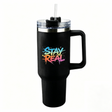 Lawless Row "Stay Real" 40oz Tumbler | Rainbow Graffiti Matte Black Cup