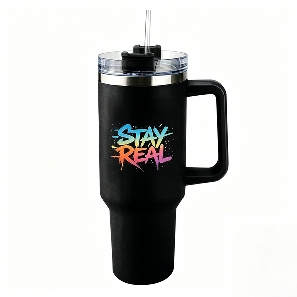 Lawless Row "Stay Real" 40oz Tumbler | Rainbow Graffiti Matte Black Cup