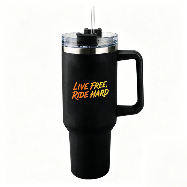 Lawless Row "Live Free Ride Hard" 40oz Tumbler | Biker Vibe Matte Black Cup Hover Image