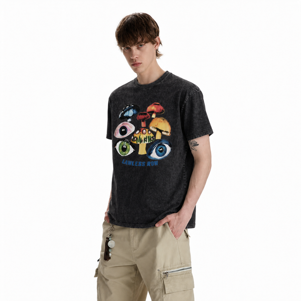 LAWLESS ROW Trippy Mushroom Eyes Vintage Washed Tee - hover