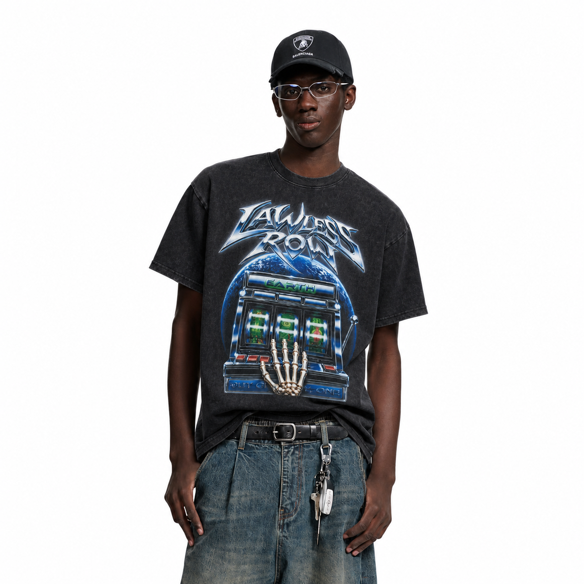 LAWLESS ROW Slot Machine Skeleton Vintage Washed Tee