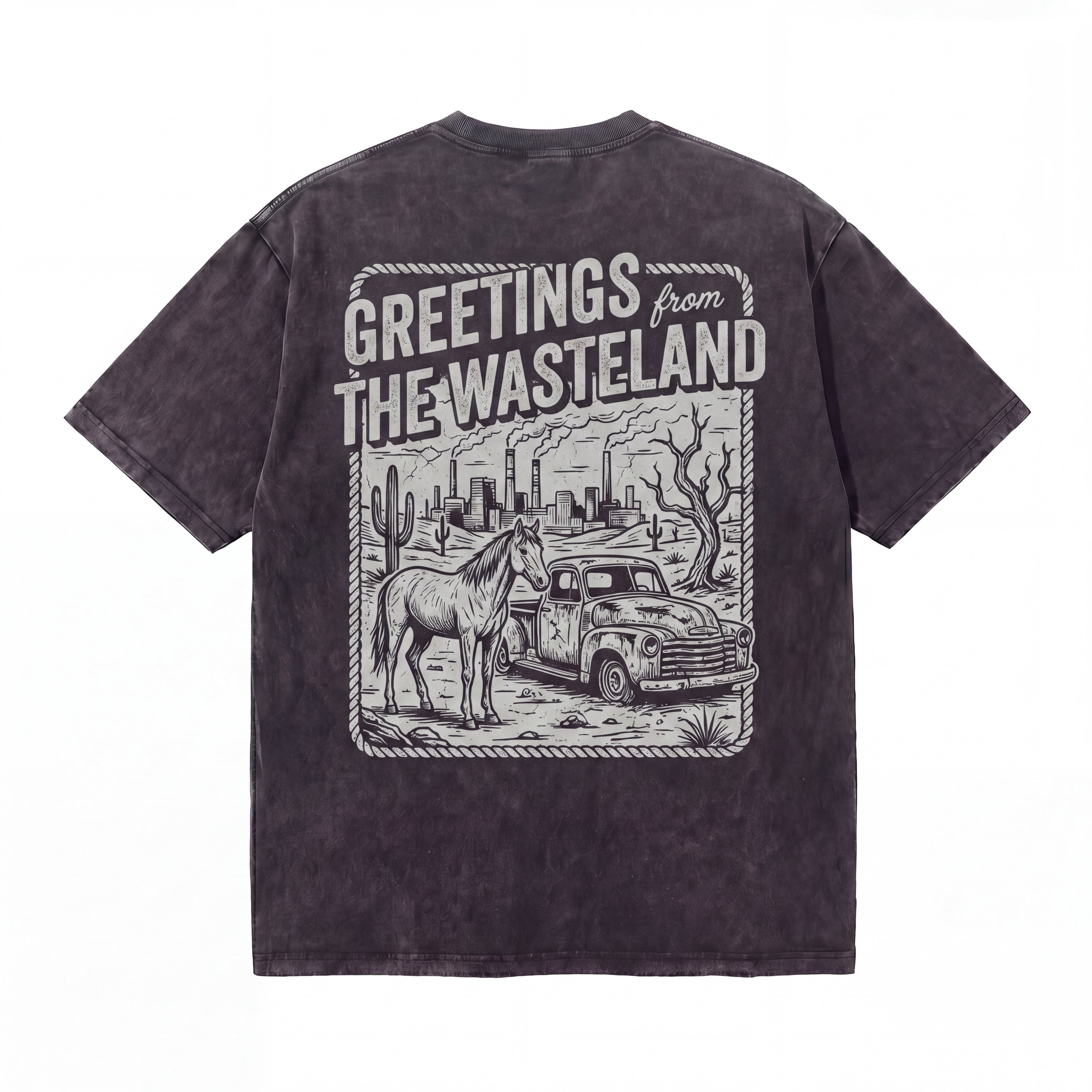 Black t-shirt with 'Greetings from the Wasteland' graphic, horse, truck, desert scene.