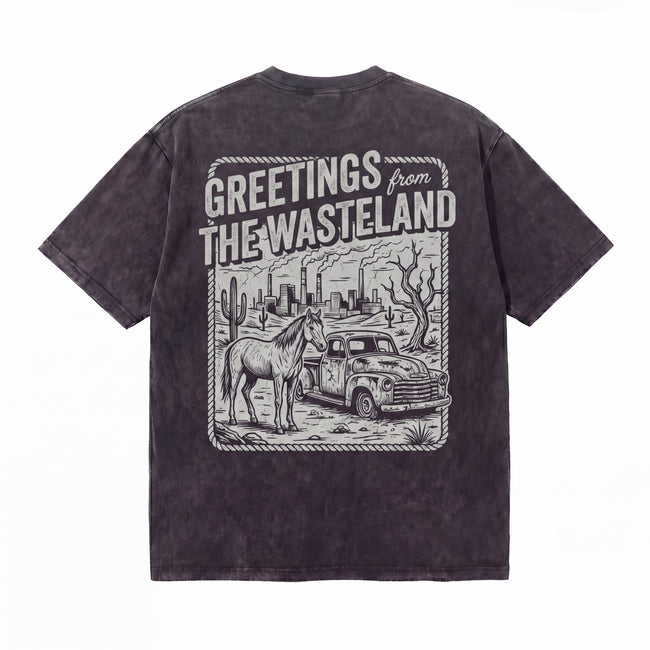 Black t-shirt with 'Greetings from the Wasteland' graphic, horse, truck, desert scene. Hover Image