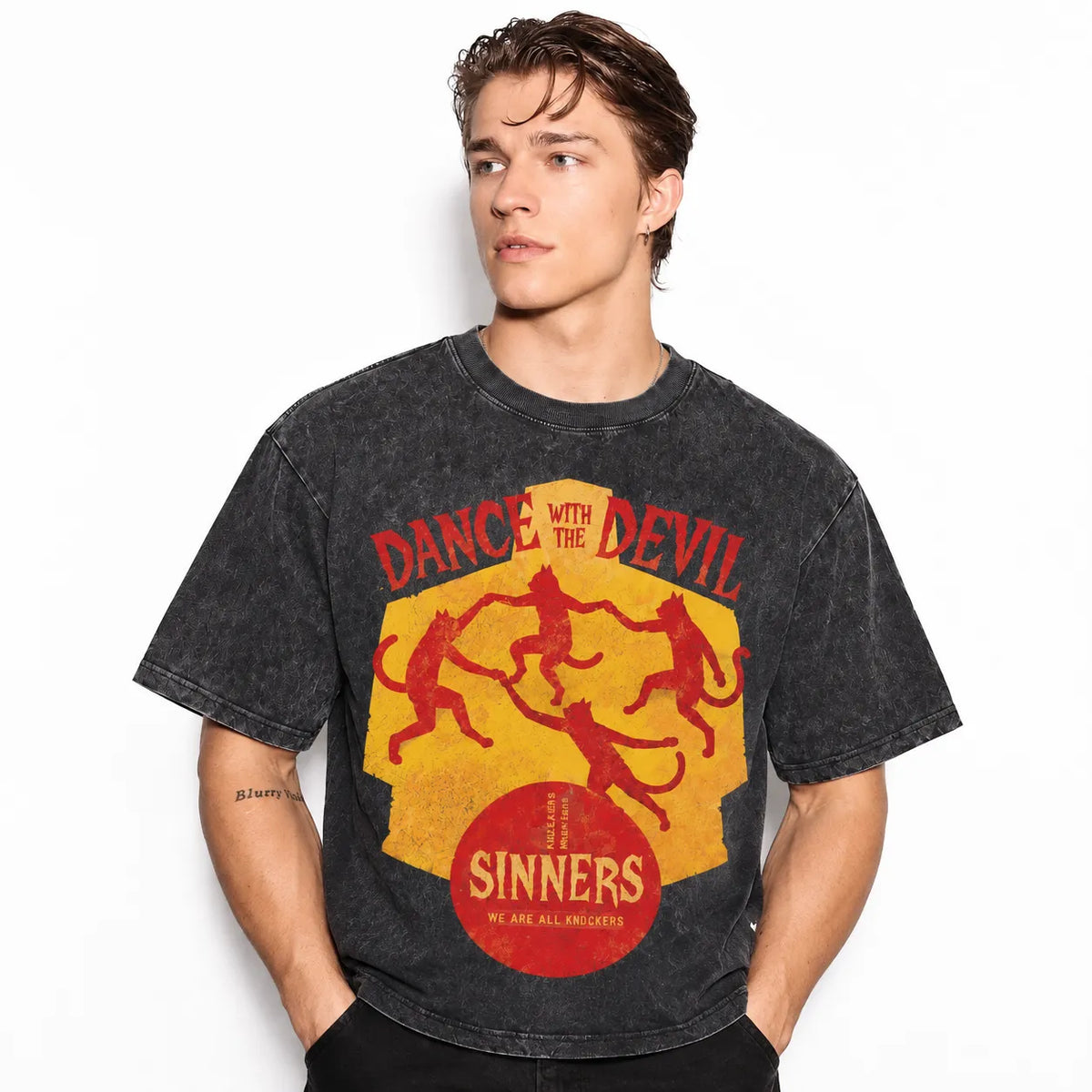 LAWLESSROW Dance With The Devil Dancing Cats Vintage Acid Wash Tee