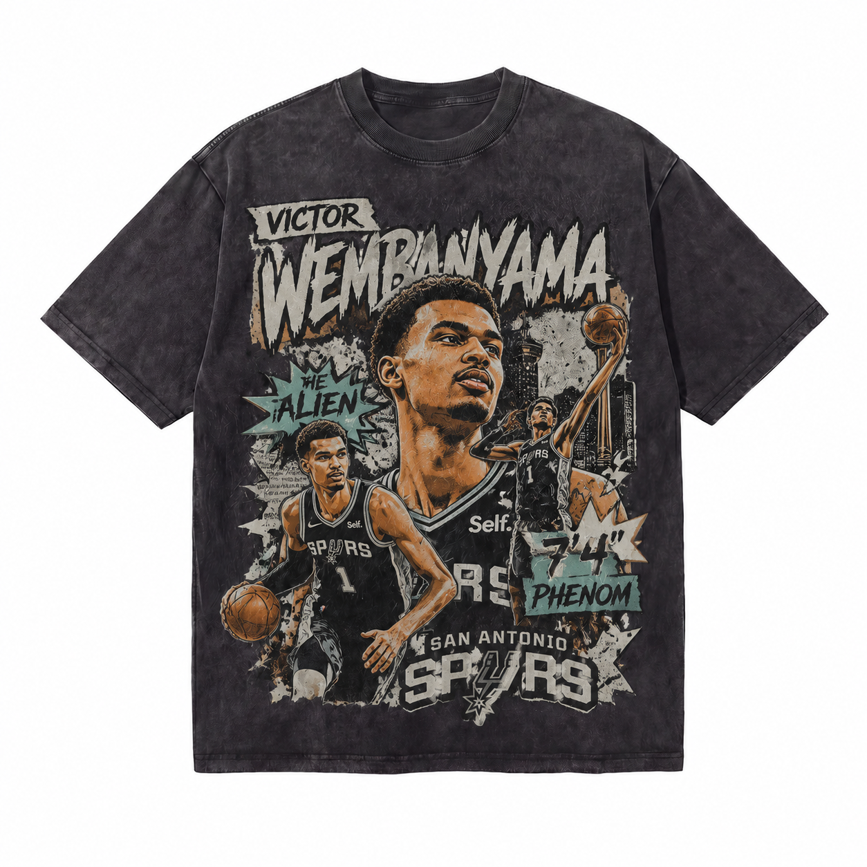 Victor Wembanyama The Alien Collage Washed Black Oversized T-Shirt | Retro Spurs Basketball Bootleg Tee